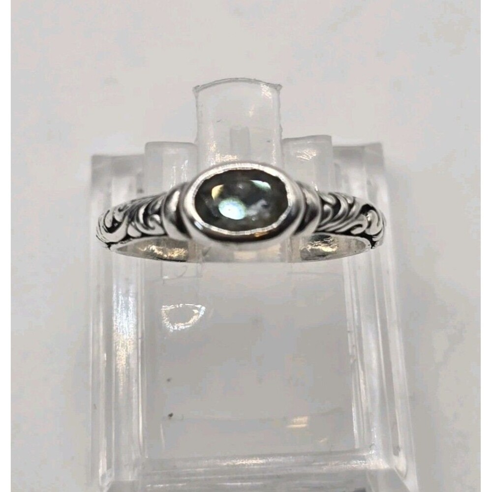 Aquamarine Victorian Floral Pattern Band Bezel Set Stone Sterling Silver Ring